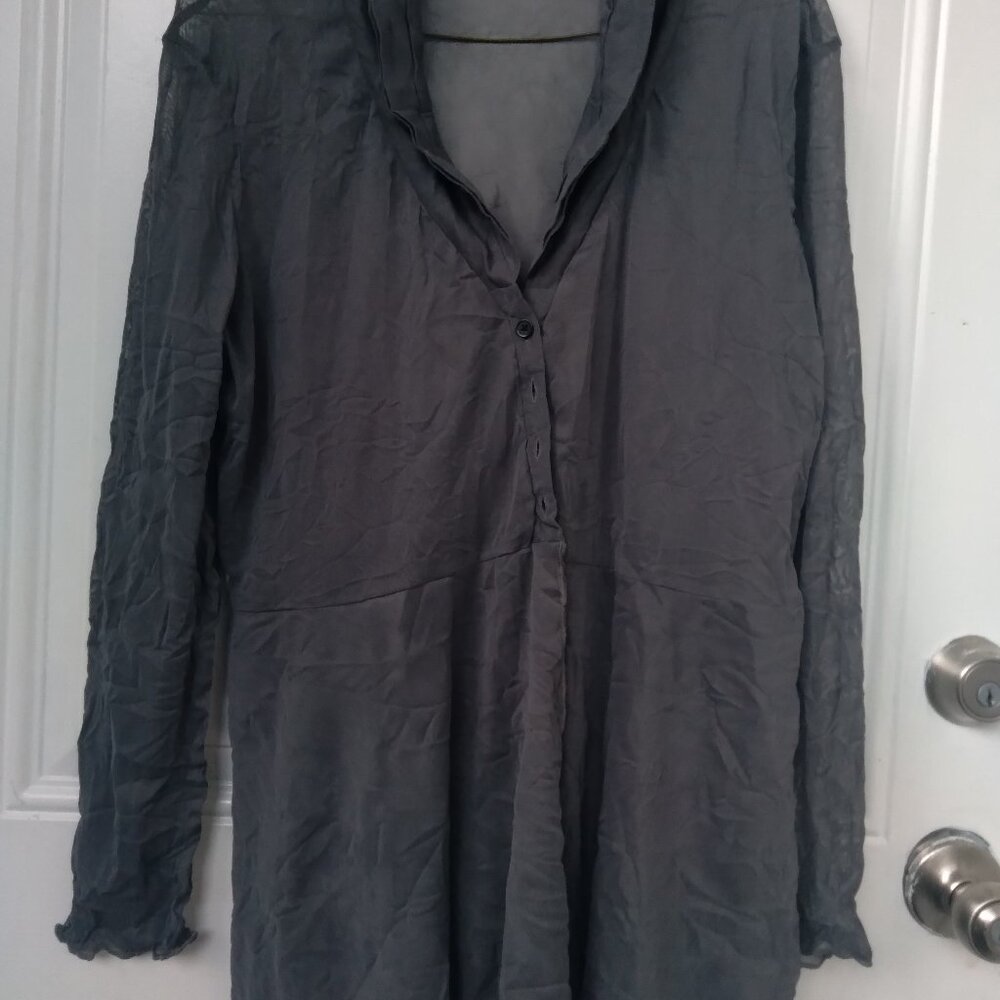 DARK GRAY CREPE JACKET SHEER LONG-SLEEVE BLOUSE SIZE M SHAWL NECKLINE TWO LAYERS